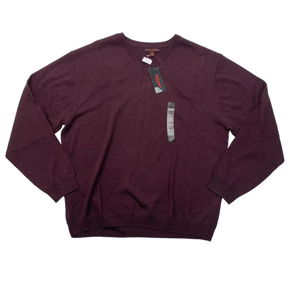 Linea Uomo Wool Blend Sweater Mens 2XL XXL Maroon Knit Classic Fit V Neck New